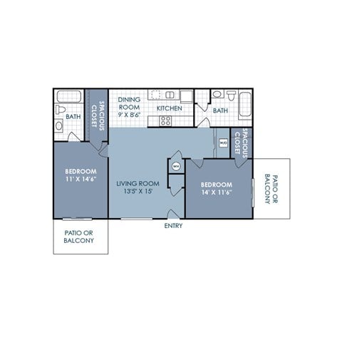 Floor plan for 2 beds, 2 baths, 1020 sqft